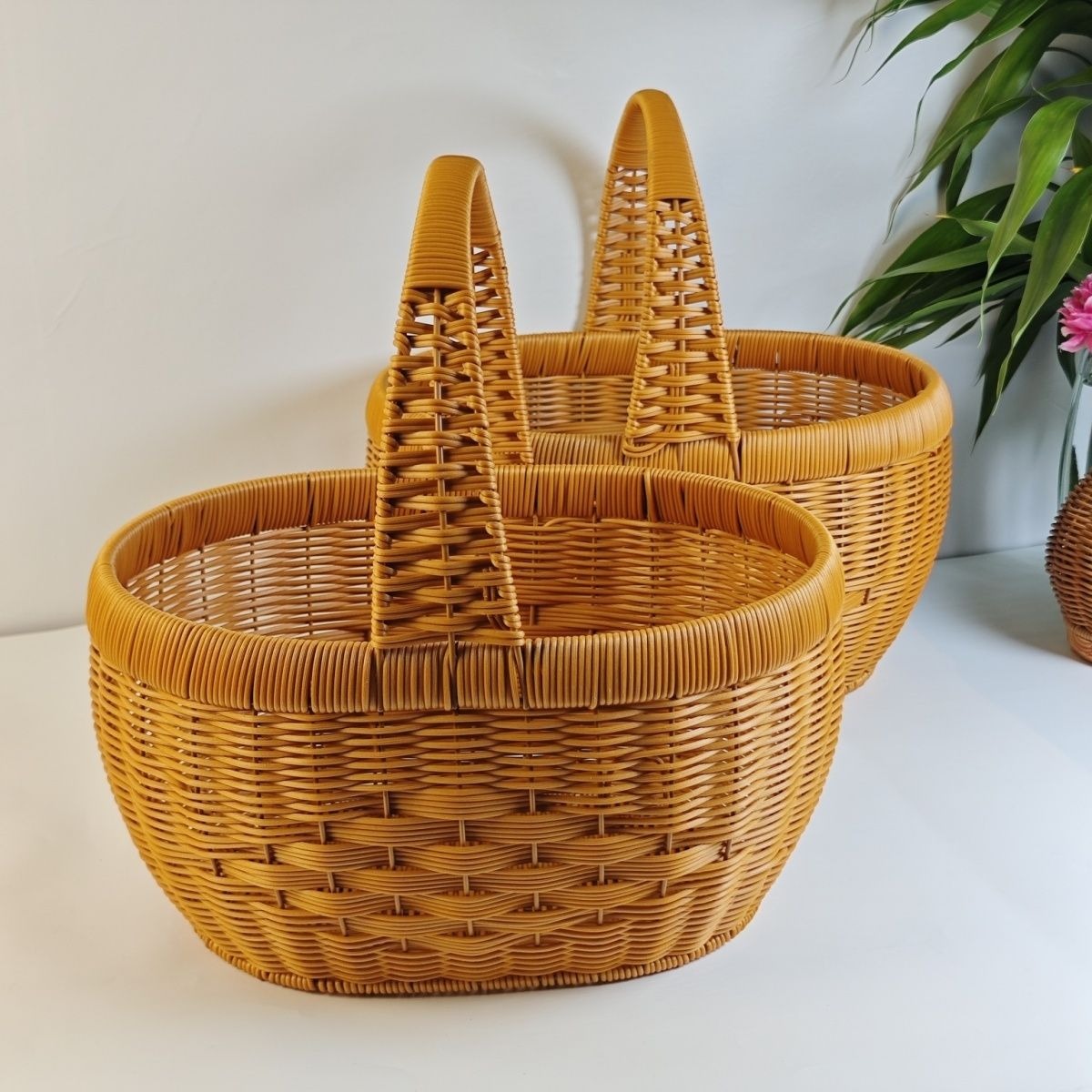 Rattan Basket Woven Shopping Basket with Handle – Extra Large Handcrafted Picnic Basket for Fruits, Eggs, Vegetables