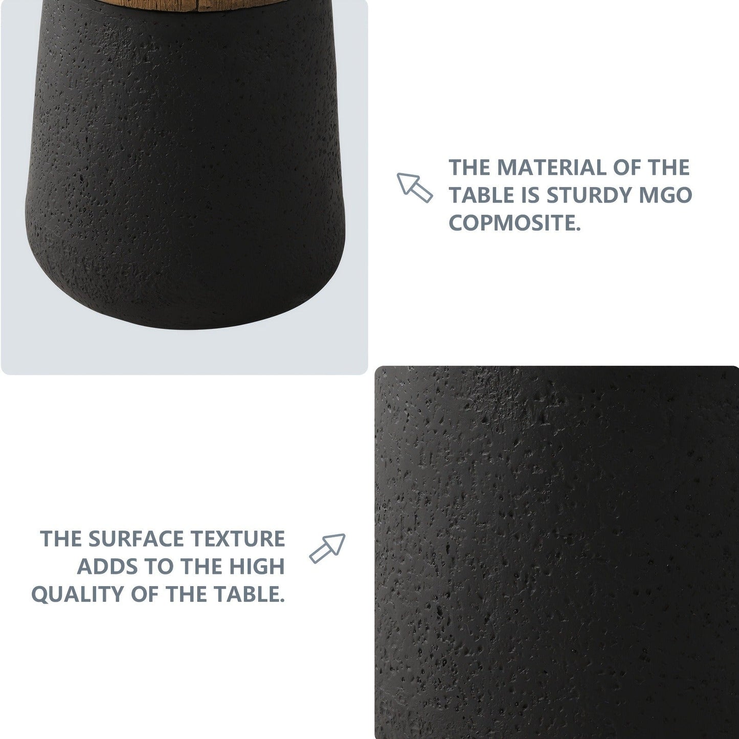 Outdoor Side Table 17-Inch Concrete Design with Wood-Look Top in Black, Hourglass and Compact Options