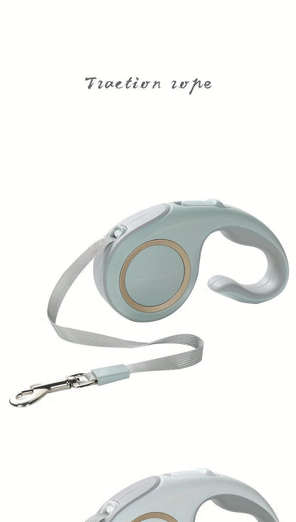 Retractable Dog Leash with 16-Foot Tape, One-Button Lock and Six Champagne, White or Blue Size Options