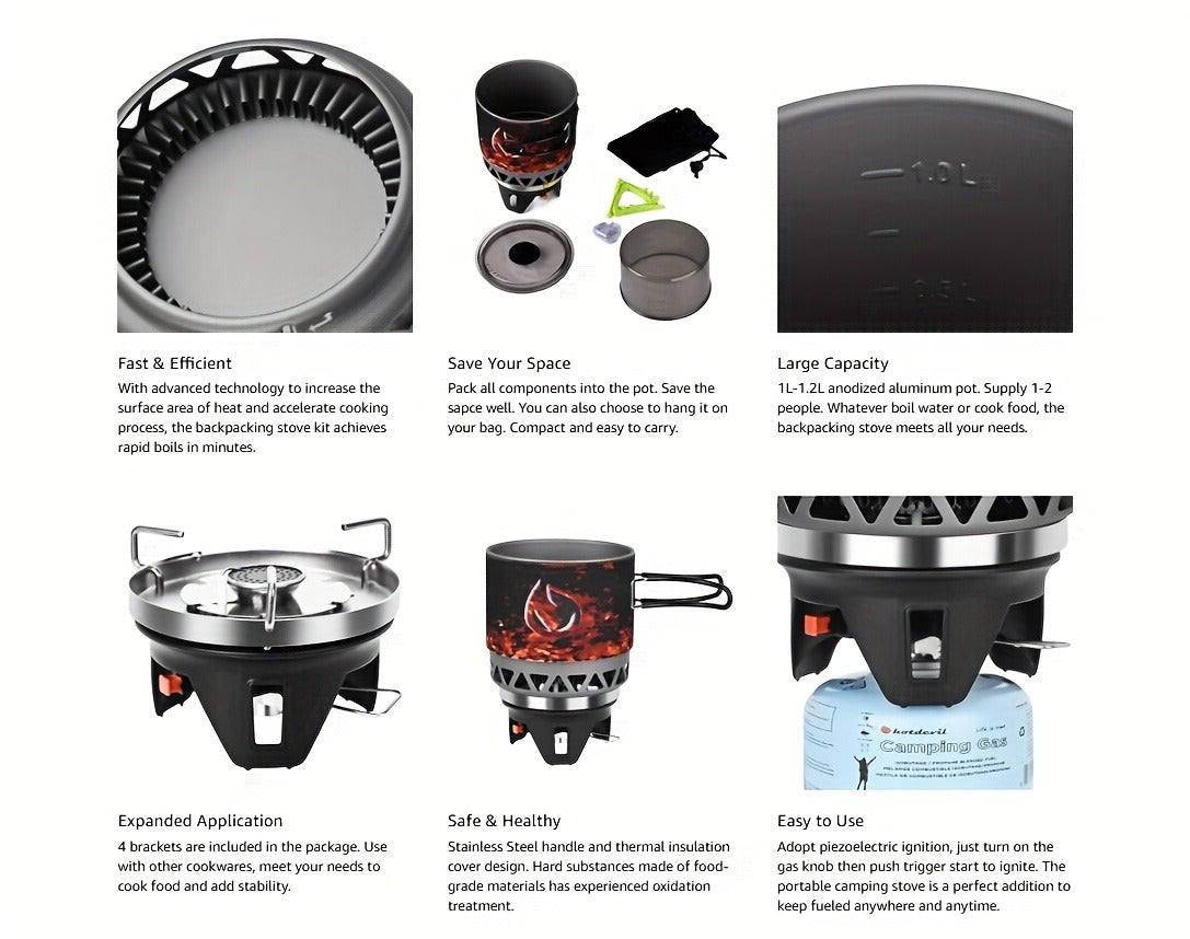 Backpacking Stove Cooking System with Pot Piezo Ignition 1KW Isobutane Burner 1.2L Pot Brackets Included for Garden, Patio and Yard Use