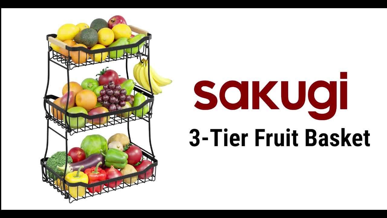 Tiered Fruit Basket Kitchen Organizer with Banana Hook, Removable 2 or 3 Metal Baskets and Wood Handle