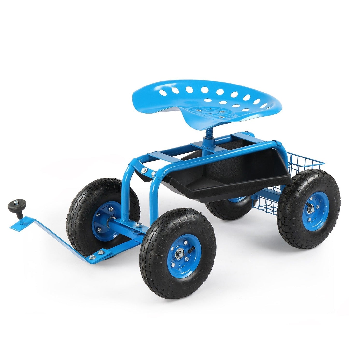 Rolling Garden Seat Cart, Backrest, Cushion, Telescopic Handle & Storage Basket, Steel Frame