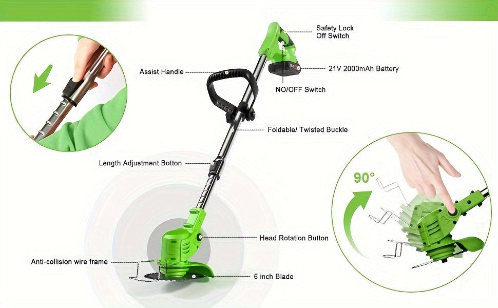 Cordless String Trimmer 24V 800W, Weed Wacker with 2 Batteries, Charger & 3 Blades, Adjustable Head