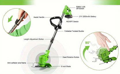Cordless String Trimmer 24V 800W, Weed Wacker with 2 Batteries, Charger & 3 Blades, Adjustable Head