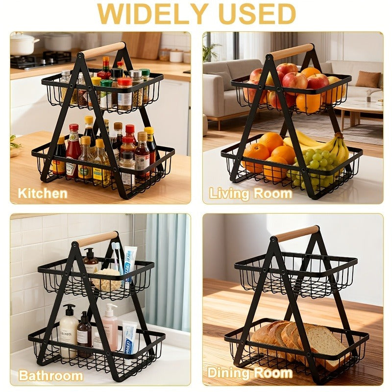 Fruit Basket Kitchen Organizer 2 or 3 Tier Metal Stand with Removable Wooden Handles for Countertop