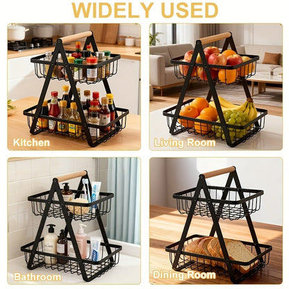Fruit Basket Kitchen Organizer 2 or 3 Tier Metal Stand with Removable Wooden Handles for Countertop