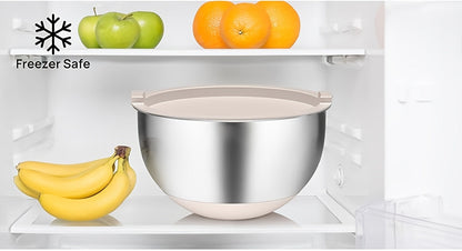 Stainless Steel Mixing Bowls Set with Airtight Lids 7 Piece, Stackable Nesting Bowls with Measuring Spoons Whisk Spatula Tongs Basting