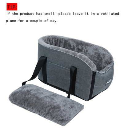 Open-Top Pet Carrier Car Seat Tote with Padded Rim, Attachment Straps, Interior Clip and Grey Fabric Exterior