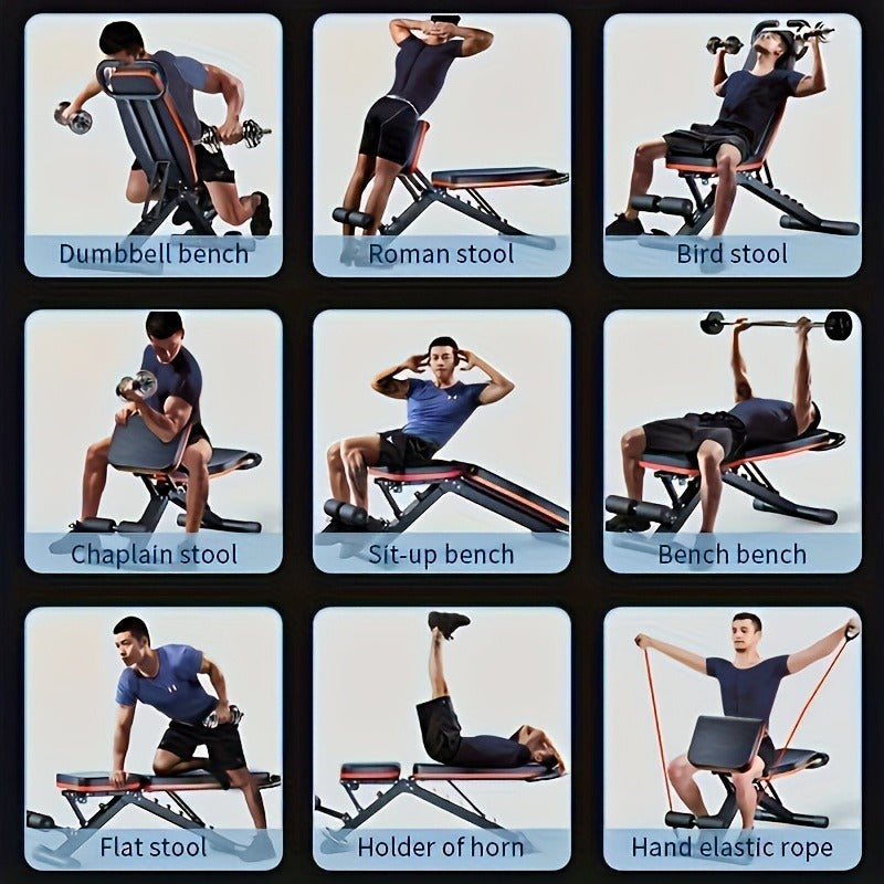 Foldable Adjustable Workout Bench with Black-and-Red Padding, Preacher Curl Pad, Leg Rollers and Resistance Bands