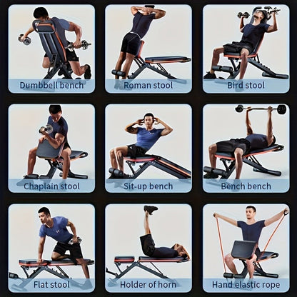 Foldable Adjustable Workout Bench with Black-and-Red Padding, Preacher Curl Pad, Leg Rollers and Resistance Bands