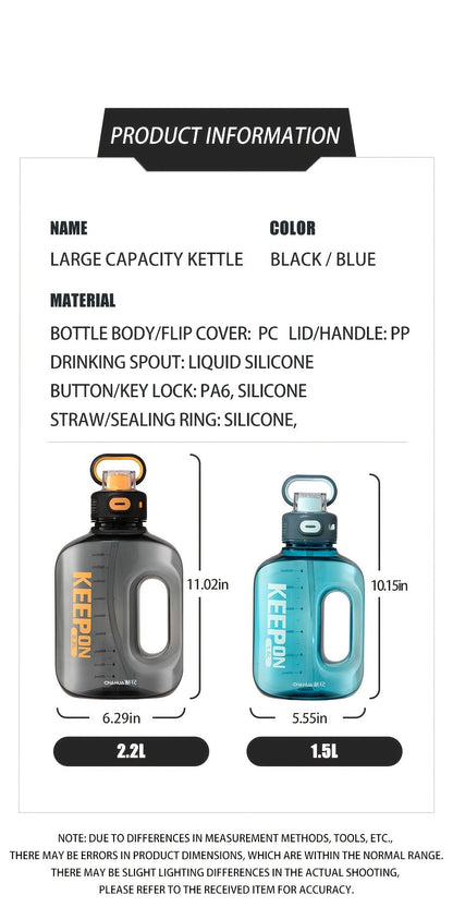 Large Sports Water Bottle with Straw Lid Handle 1500ml 2200ml Leak-Proof Lockable Food-Grade PP PC Hydration Bottle for Gym Fitness Hiking