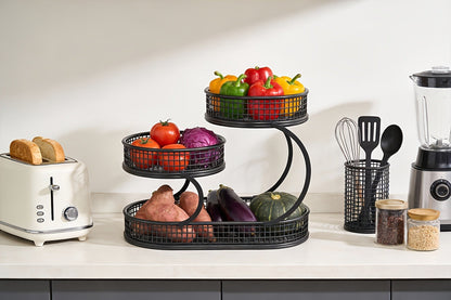 Three-Level Black Wire Fruit Basket with Two Round Bowls and 15.75-Inch Rectangular Base Tray