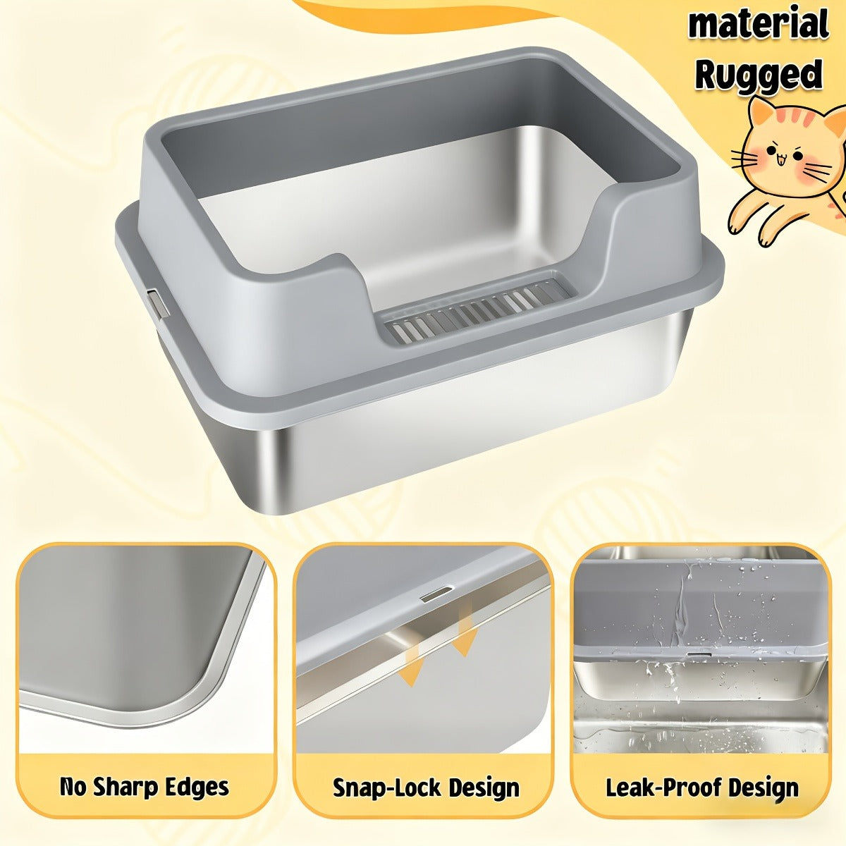 Stainless Steel Cat Litter Box with Scoop – High-Wall Semi-Enclosed Design, Non-Stick Easy Clean Surface, Anti-Leakage Odor Control