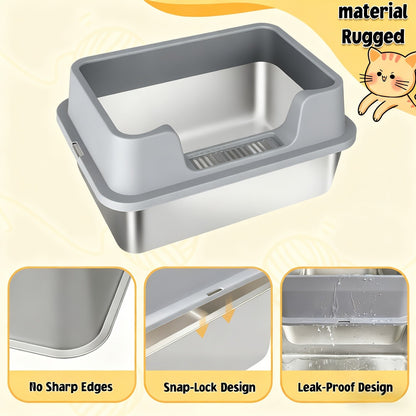 Stainless Steel Cat Litter Box with Scoop – High-Wall Semi-Enclosed Design, Non-Stick Easy Clean Surface, Anti-Leakage Odor Control