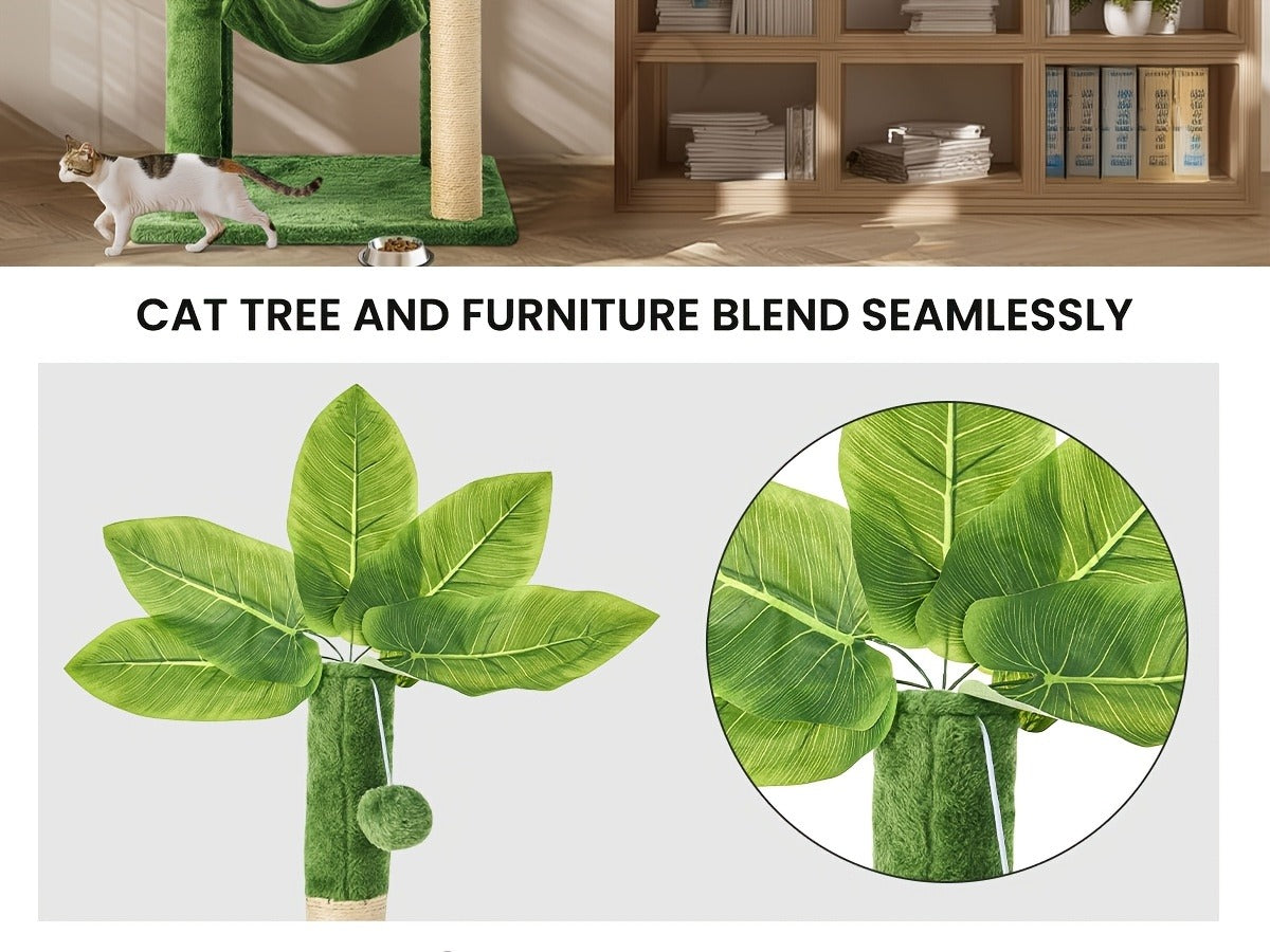 Cat Tree 55" Large Multi-Level Cat Tower for Indoor Cats with Green Leaves, Hammock, Sisal Scratching Posts & Hanging Ball Toy