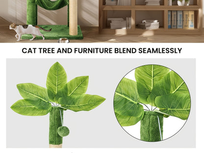 Cat Tree 55" Large Multi-Level Cat Tower for Indoor Cats with Green Leaves, Hammock, Sisal Scratching Posts & Hanging Ball Toy