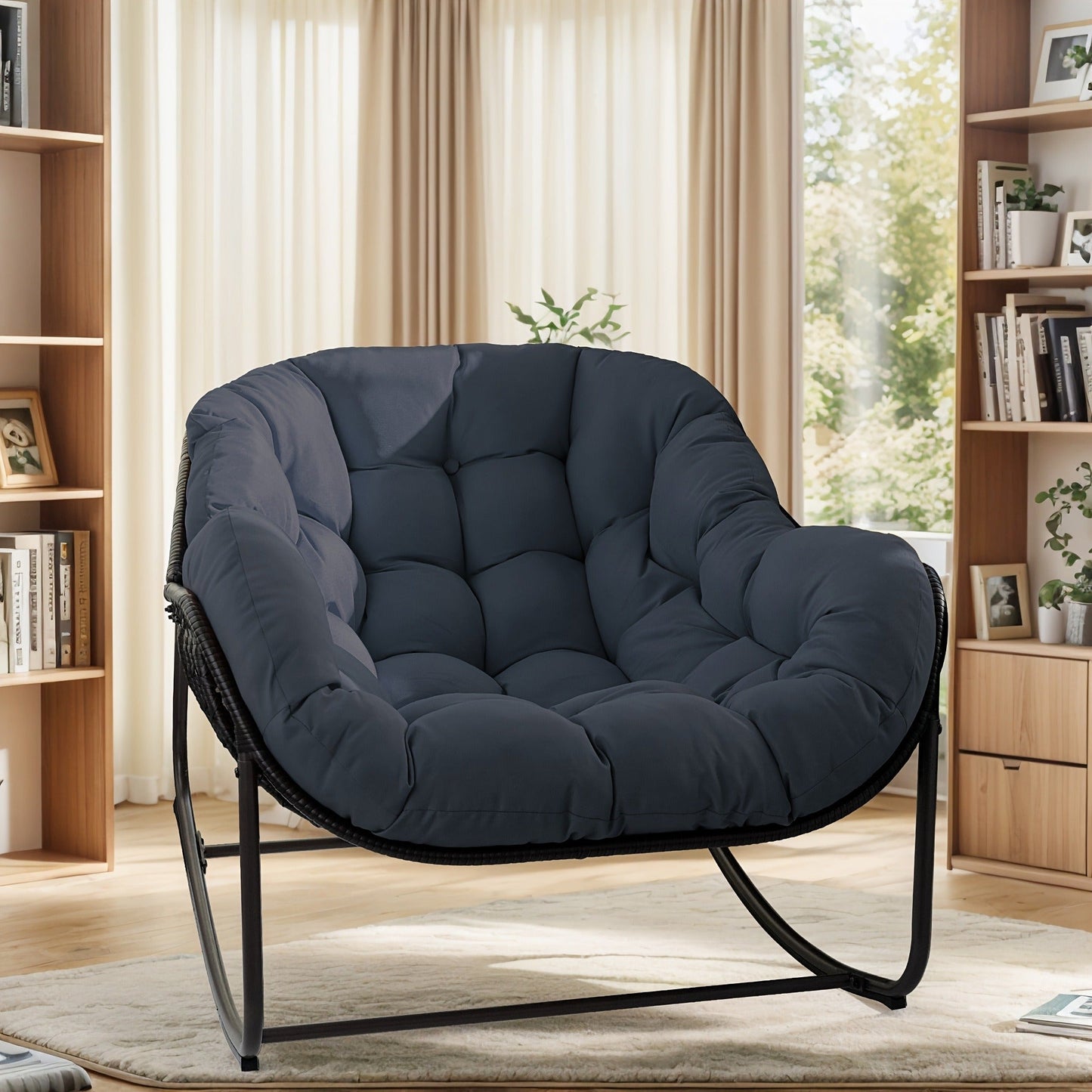 Papasan Rocking Chair Outdoor Wicker Egg Chair with Cushion & Pillow, Large Patio Rocker for Garden