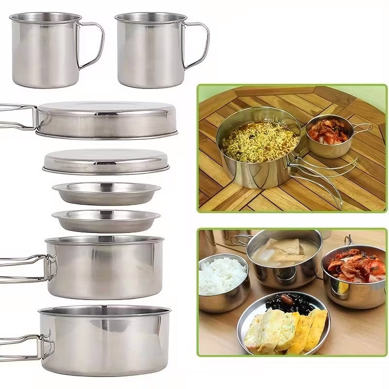 Camping Tableware Set 8 Piece Stainless Steel – Portable Outdoor Dining Set with Foldable Handle Plates, Cups & Utensils | Lightweight