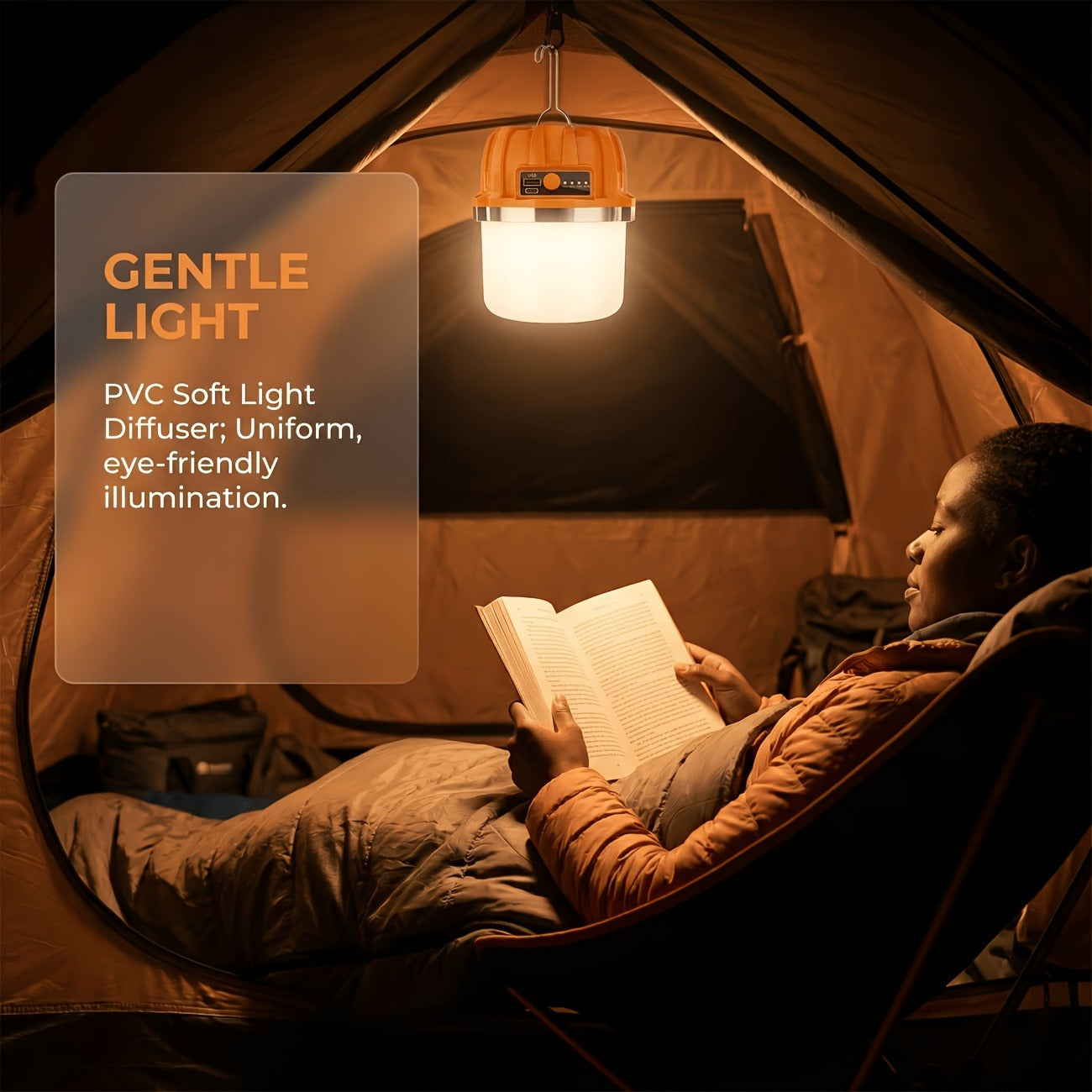 Orange Hanging Camping Lantern with Three Brightness Settings, Type-C Charging Port and Integrated Hook