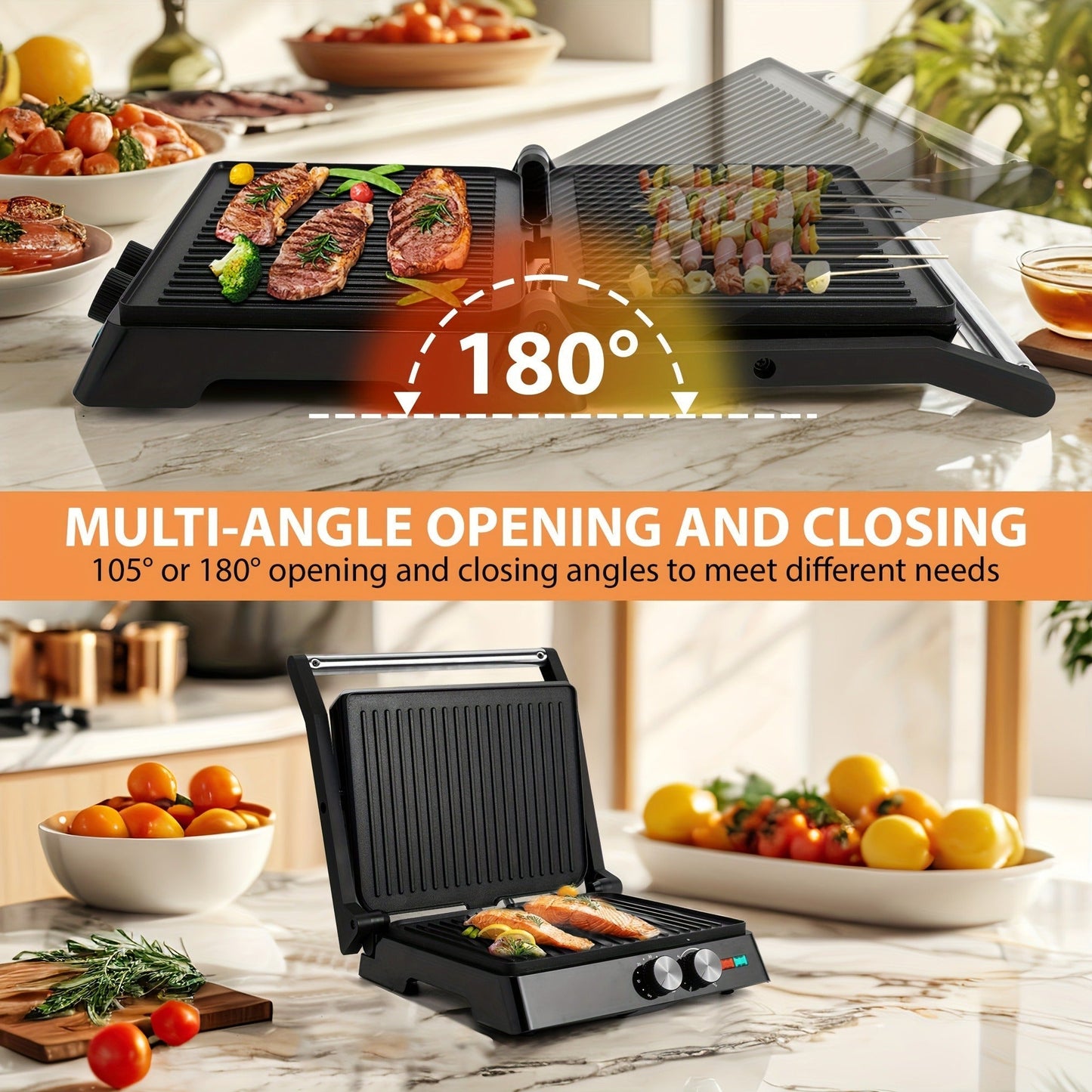 Sandwich Maker 3-in-1 Mini Indoor Grill & Panini Press, Non-Stick 180° Opening, Floating Hinge, 60-Min Timer