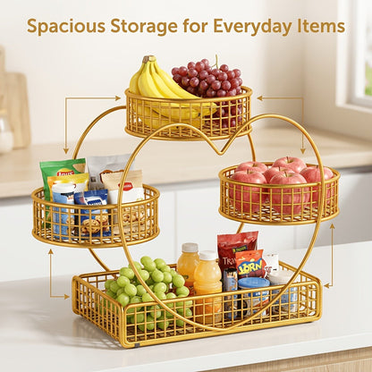 Three-Tier Gold-Tone Wire Fruit Basket with Three Round Bowls and Rectangular Countertop Base