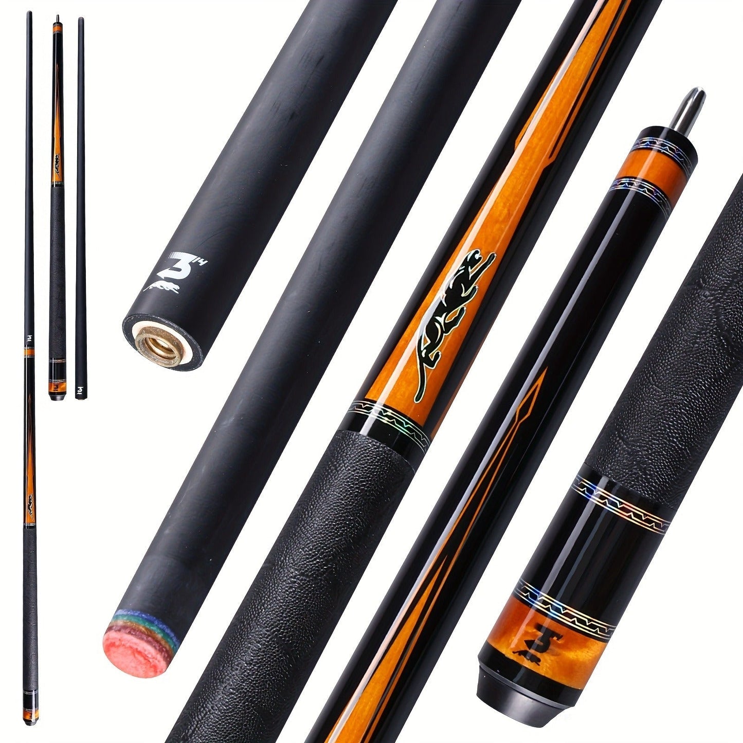 58-Inch Carbon Fiber Pool Cue with 12.5mm Tip, 3/8x8 Joint, Black Wrap and Four SP Graphic Designs