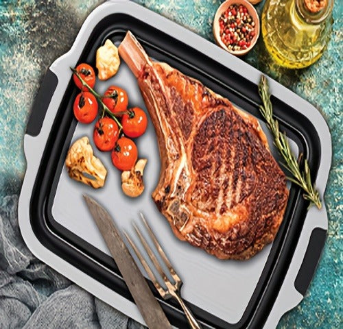 Collapsible Three-in-One BBQ Prep Tub with Cutting Board, Washing Basket, Drain Plug and Locking Lid in Black