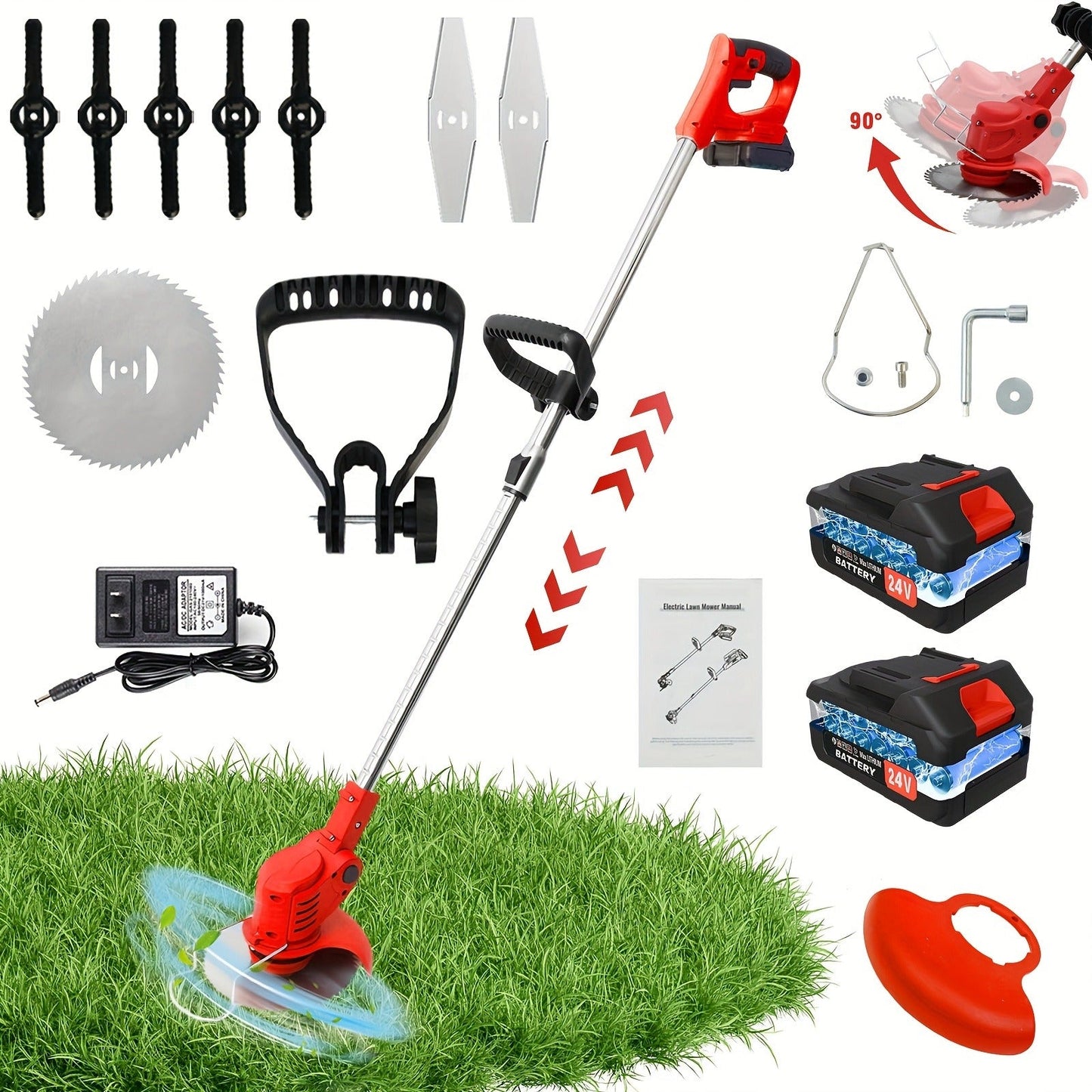 Weed Wacker Cordless 24V Brush Cutter, Electric String Trimmer with 2 Batteries & Charger, 3 Blade Types