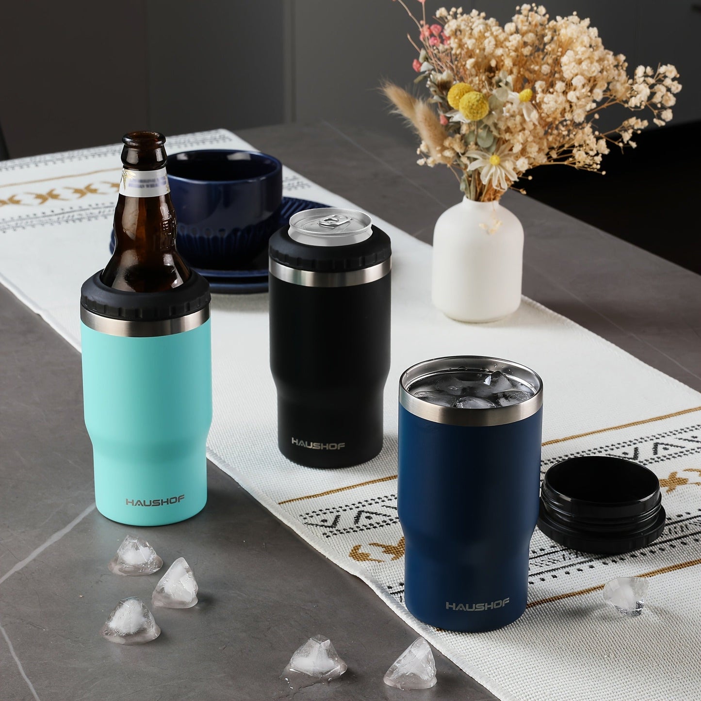 Can Cooler Insulated Stainless Steel 4-in-1 for 12 oz Standard Slim Can & Beer Bottle – Double Wall Sweat-Proof Beer Koozie for Camping