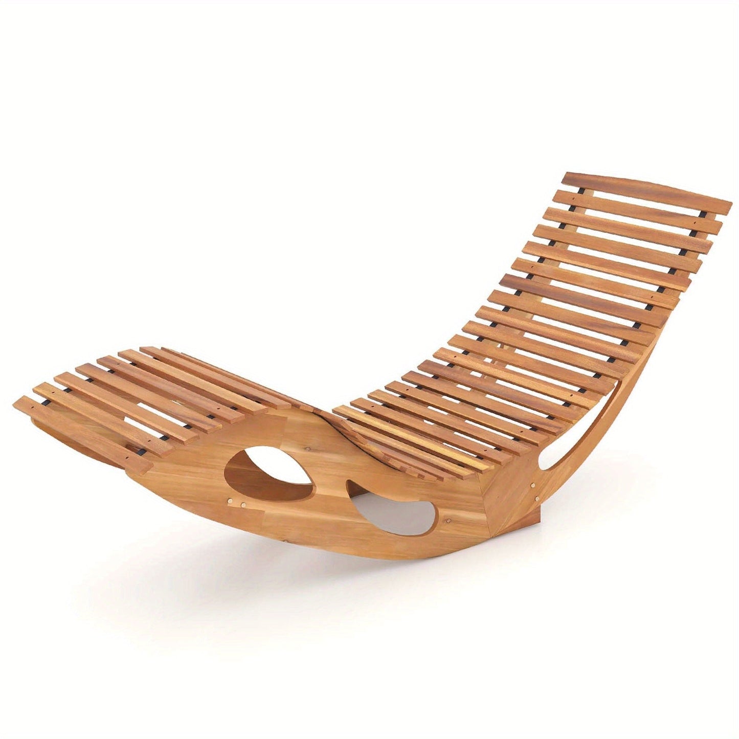 Acacia Wood Rocking Chaise Lounge Outdoor High Back Slatted Seat Stopper Patio Rocker for Deck Poolside Garden