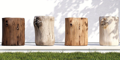Outdoor Side Table Faux Wood Tree-Stump Design in Magnesia with Cylindrical Form and Brown Finish