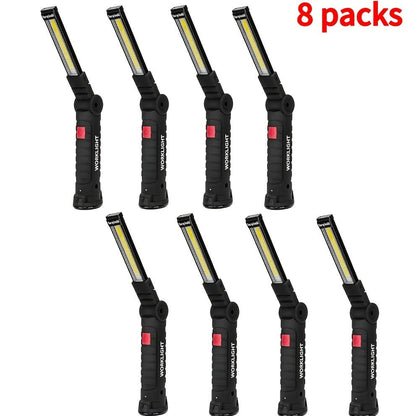 Foldable Black and Khaki Work Light Multipacks with Pivoting COB Bar and Pictured Charging Cables