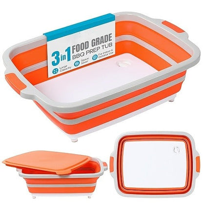 Collapsible BBQ Prep Caddy with Cutting Board & Lid – 3-in-1 Foldable Grill Preparation Tub, Food-Safe Plastic