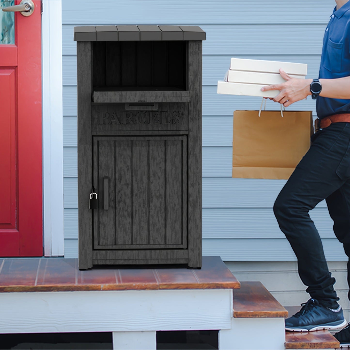 Tall Light-Brown Parcel Outdoor Storage Box with Drop Compartment, Front Door and Lock Hardware