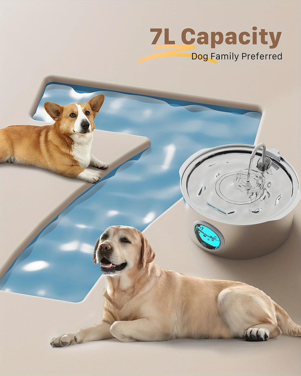 7L Pet Water Fountain with Stainless-Steel-Marked Basin, Water-Level Window and Dual Arched Outlets