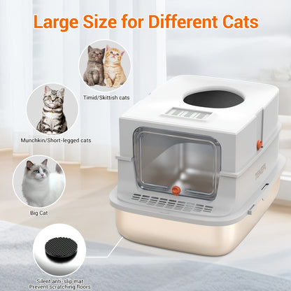 TEKEPL 68L Cat Litter Box with Stainless Steel Basin and Modular Enclosed, Semi-Open or Open Configuration