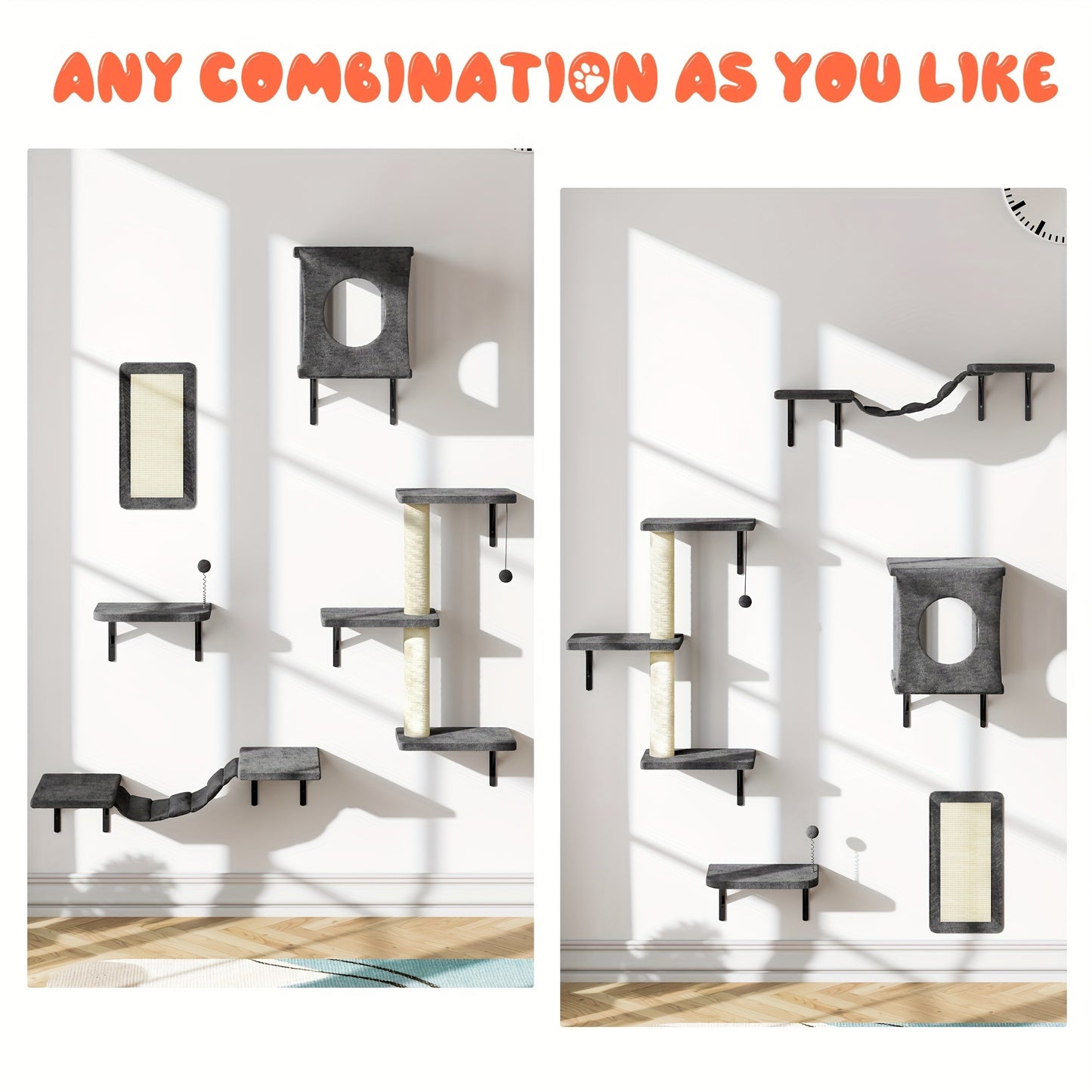 Cat Wall Shelves 5-Piece Set – Wall-Mounted Cat Furniture with Floating Perch, Cat Climber, Bridge & Cat Bed