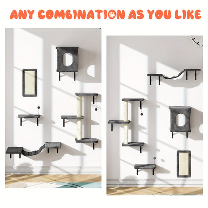 Cat Wall Shelves 5-Piece Set – Wall-Mounted Cat Furniture with Floating Perch, Cat Climber, Bridge & Cat Bed