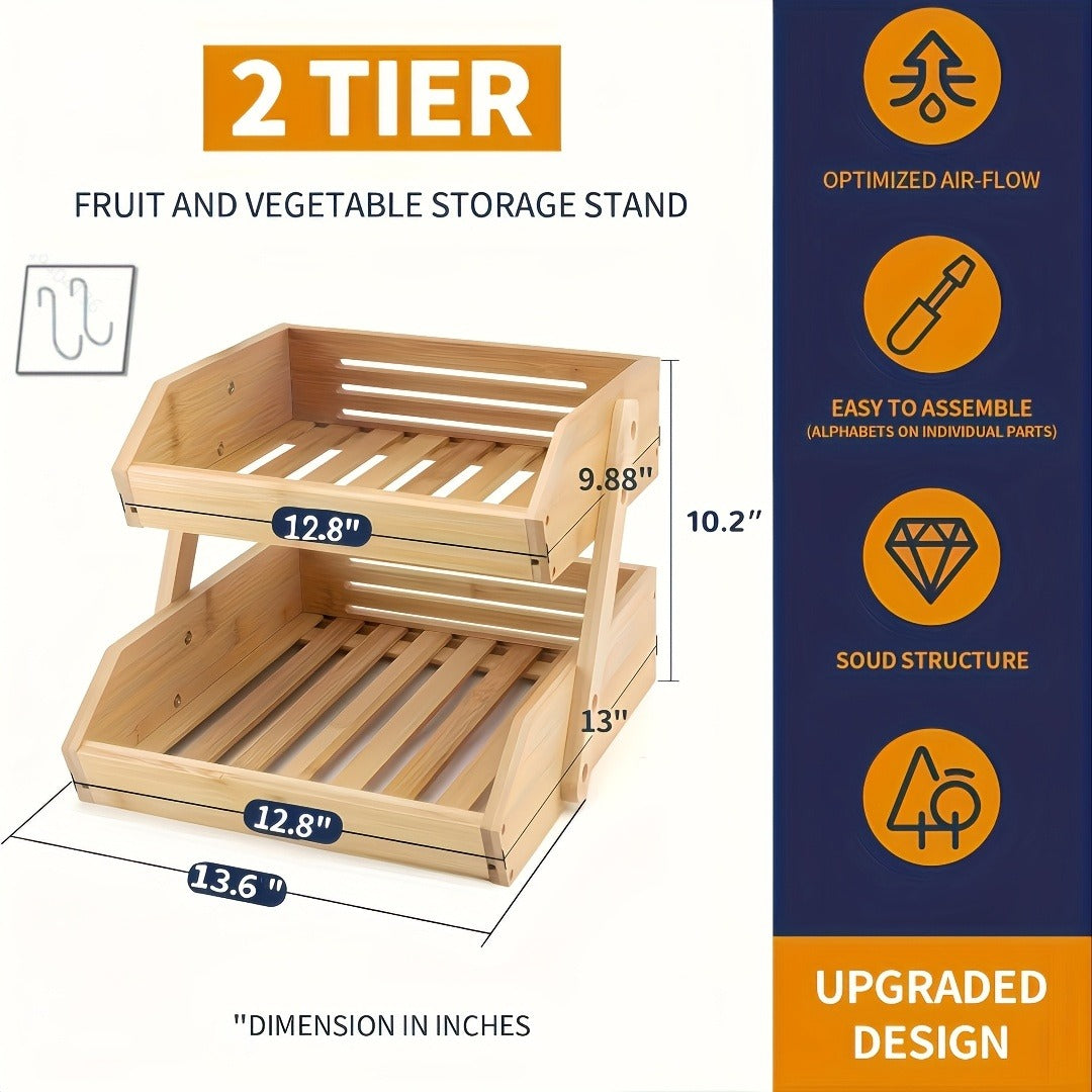 Fruit Basket Stand 2 & 3 Tier Wooden Countertop Organizer Large Capacity Kitchen Storage for Fruits Vegetables Bread Produce with Banana