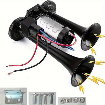 Dual Air Horn Kit 12V/24V 105-137dB with Air Compressor – Super Loud Aluminum Alloy Trumpet Horn for Truck, Train, SUV, Motorcycle