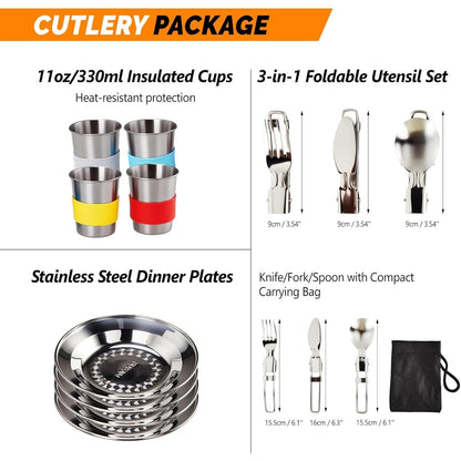 Camping Cookware Set, 19- or 27-Piece Coated Aluminum Mess Kit with Pot, Pan, Kettle, Cups, Plates and Cutlery