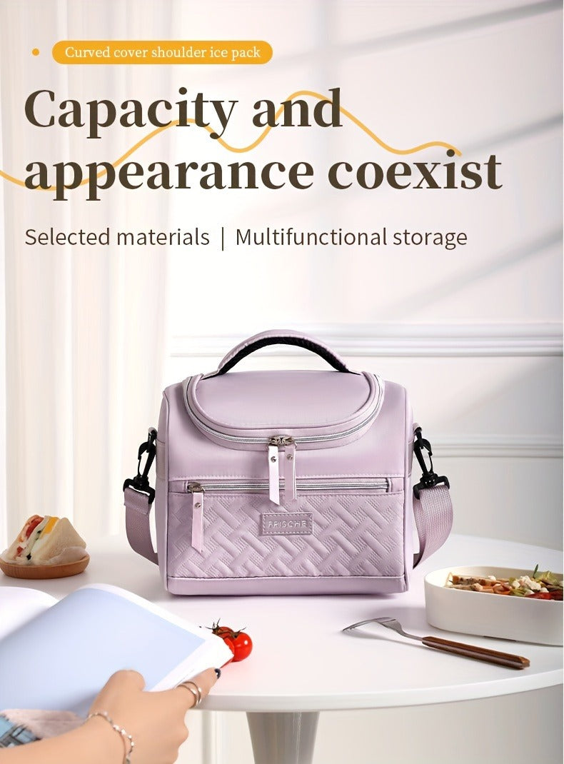 Quilted Lunch Bag Tote with Dual Zippers, Front and Side Pockets, Shoulder Strap and Four Colors