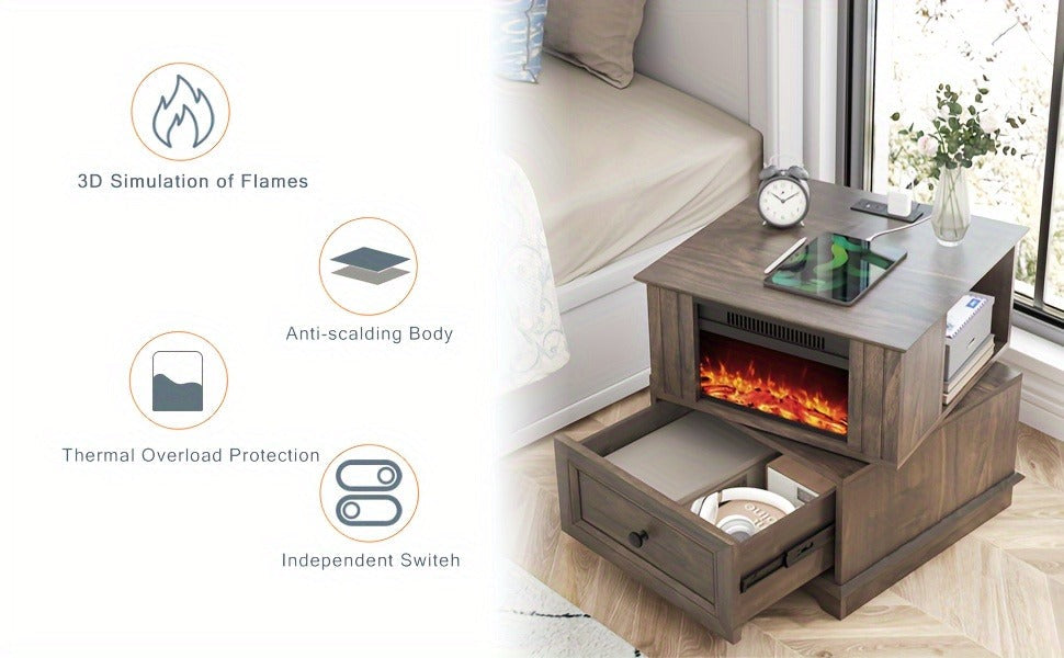 Electric Fireplace End Table Rotating 13-Inch Screen Side Table with Fast Charging Station Storage Shelf for Living Room Bedroom