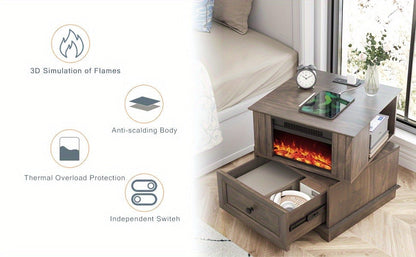 Electric Fireplace End Table Rotating 13-Inch Screen Side Table with Fast Charging Station Storage Shelf for Living Room Bedroom