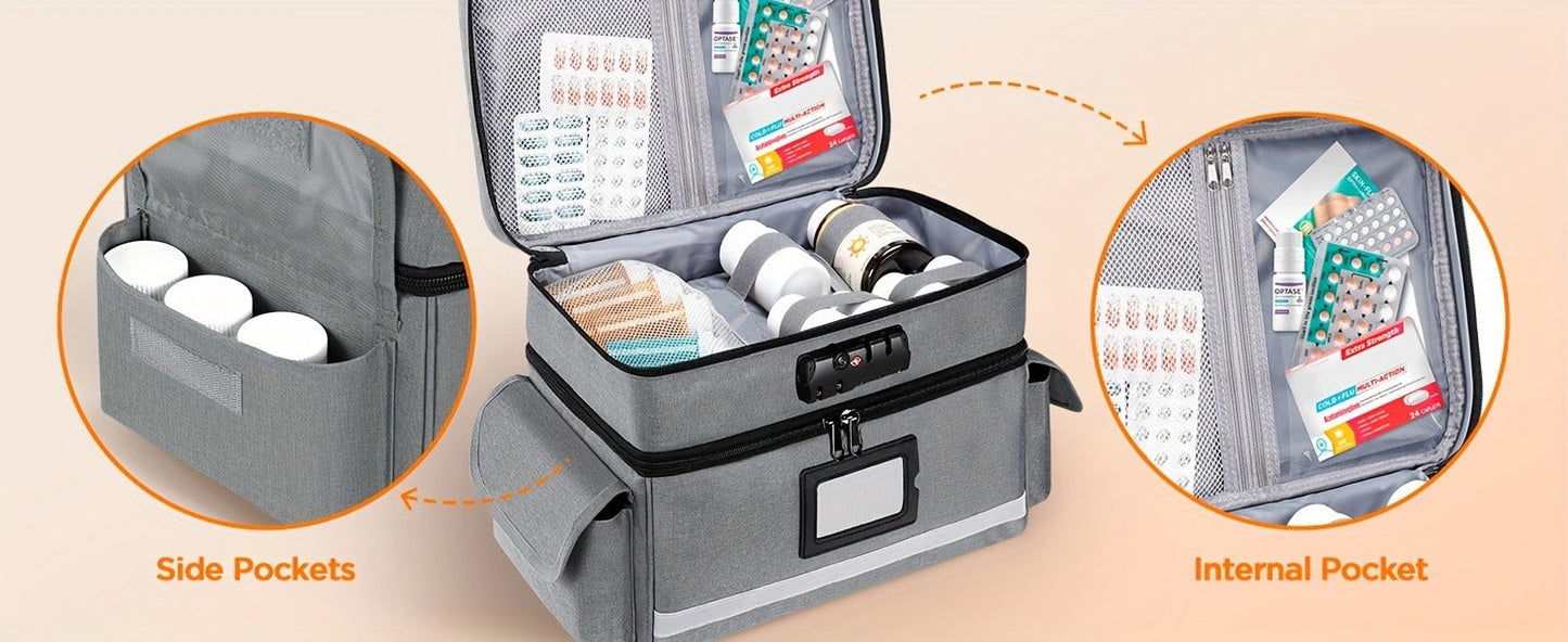Lockable Medicine Organizer Bag with Combination Lock, Double-Layer Large Capacity Pill Bottle Storage Case for Prescription Bottles First