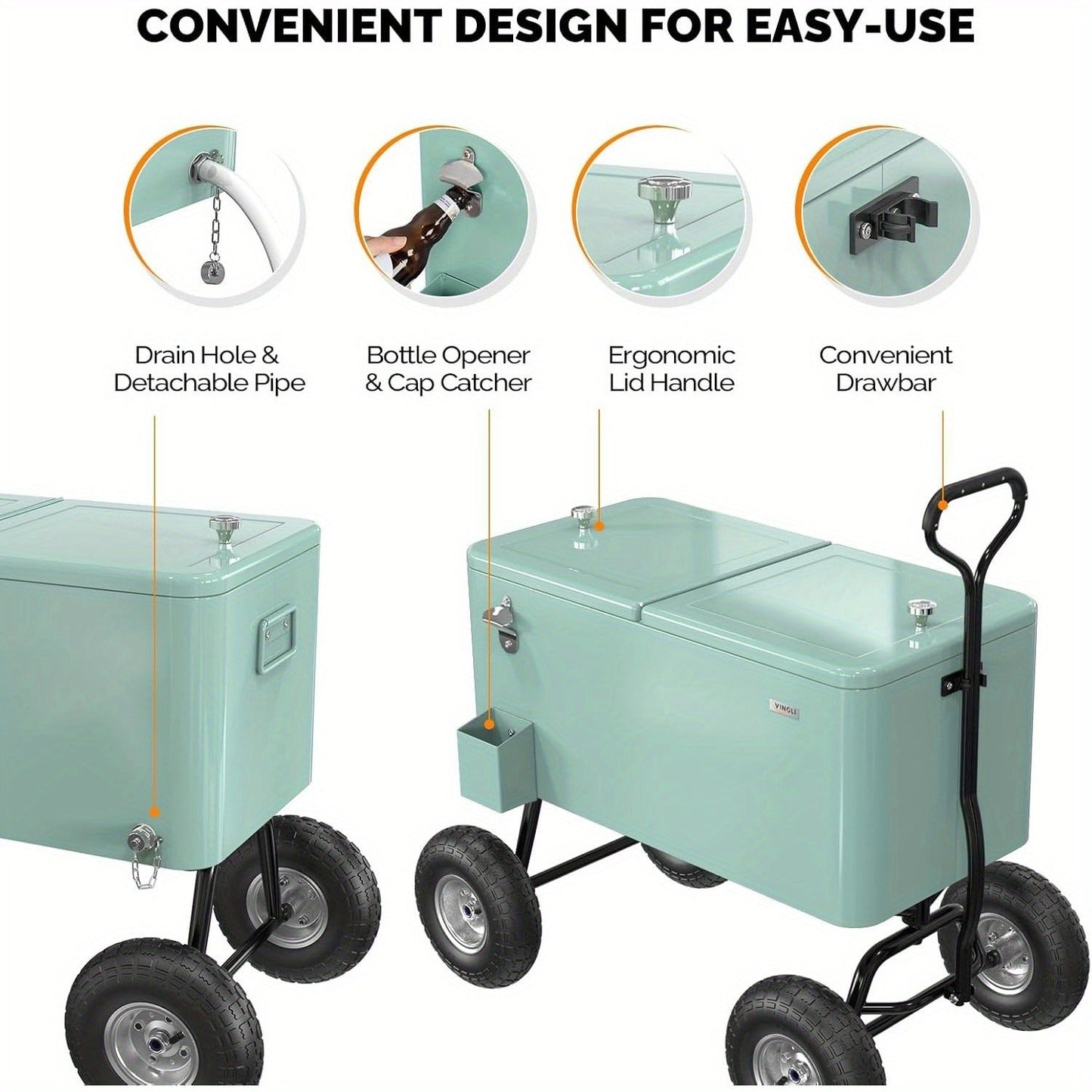 Rolling Cooler Cart 80QT Portable Wagon with 10" Wheels, Patio Beach Outdoor Drink Cooler, for Camping, Travel and Outdoor Use