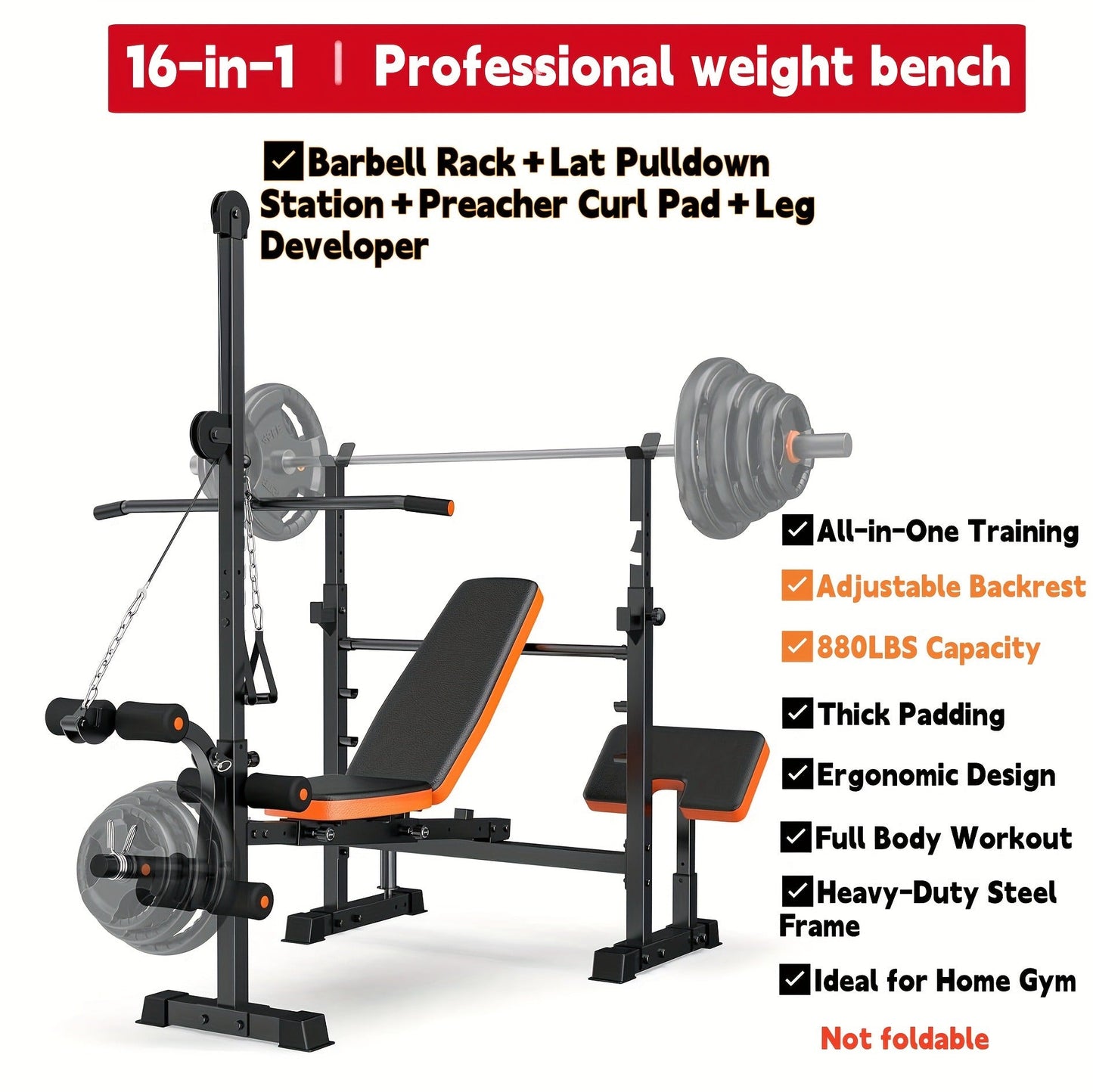Adjustable Weight Bench 6-in-1 Foldable – Flat Incline Decline, Resistance Bands, Preacher Curl & Leg Developer, 770lb Capacity