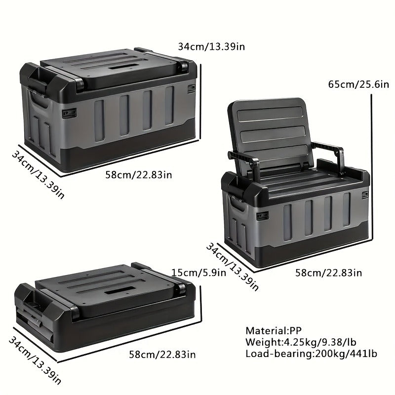 Folding Storage Box & Fishing Stool 2-in-1, Large Portable Organizer with Backrest for Car Trunk