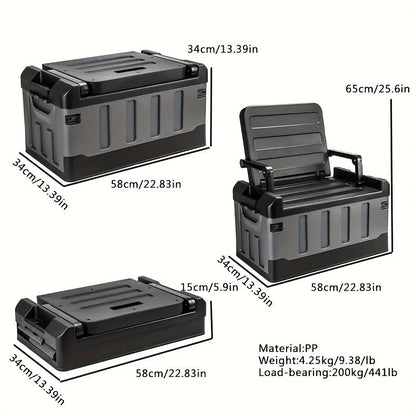 Folding Storage Box & Fishing Stool 2-in-1, Large Portable Organizer with Backrest for Car Trunk