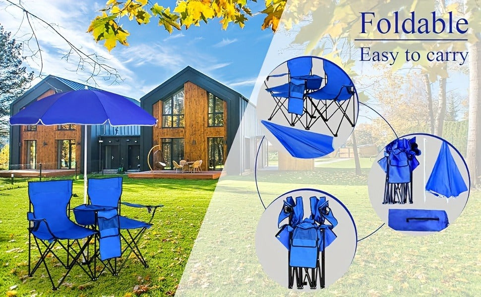 Folding Picnic Chair Set for 2, Umbrella, Cooler Bag & Table, 600 Lbs Capacity, Portable, for Camping, Travel and Outdoor Use